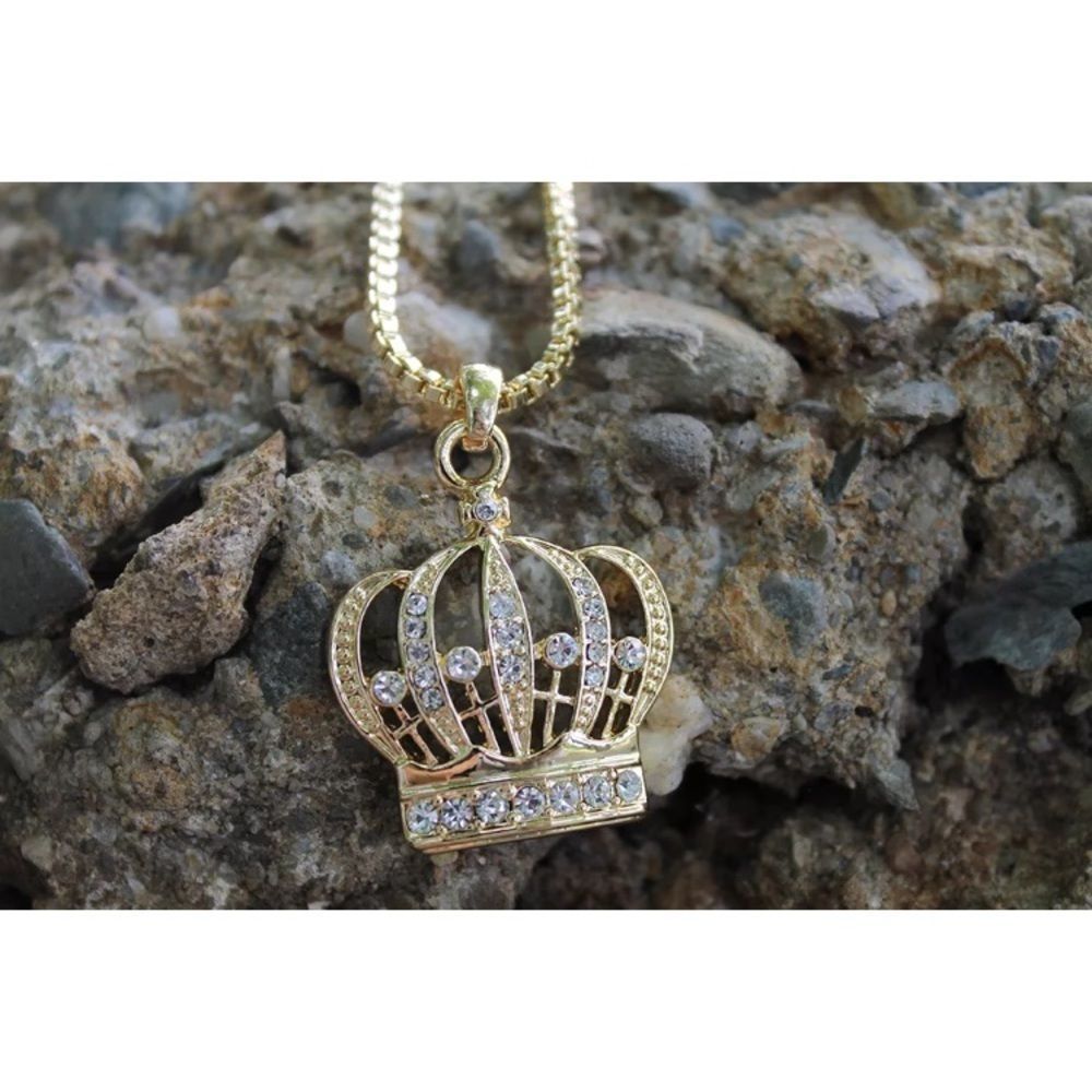 Gold Crown Pendant Necklace with Clear Crystal Accents